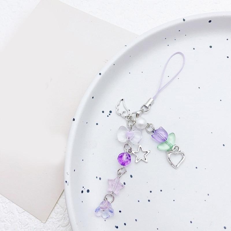 Sweet Bowknot Beaded Phone Charm Flower Chain Keychain Fashion Accessory Bag Pendant Keyring for Phones and Backpacks