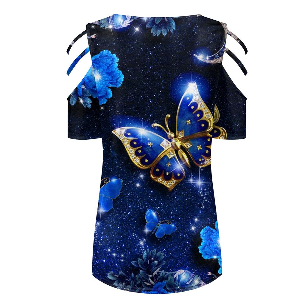 Women's Fashion Casual Loose Print Short Sleeve V-neck Zipper Off-shoulder Top