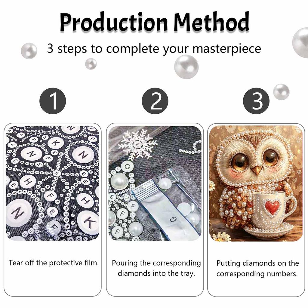 Framed Pearl Bead Painting Kit Cute Owl with Coffee Cup DIY Shiny Canvas Art Relaxing Craft Gift for Craft Lovers Home Decor 12345