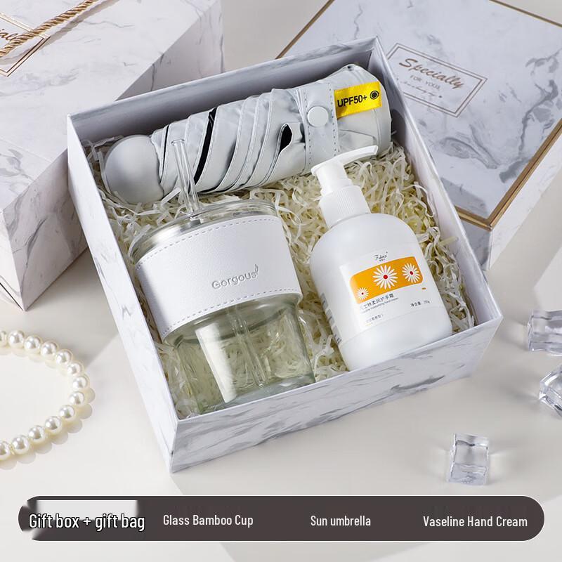White Marble Gift Box with Bamboo Cup, Umbrella & Hand Cream