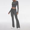 Damen Freizeit Zweiteiler Set Langarm Rundhals Crop Top Hohe Taille Schlaghosen Gestrickt Einfarbig Loungewear Passendes Outfit Set