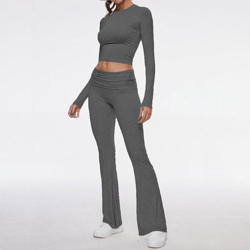 Damen Freizeit Zweiteiler Set Langarm Rundhals Crop Top Hohe Taille Schlaghosen Gestrickt Einfarbig Loungewear Passendes Outfit Set