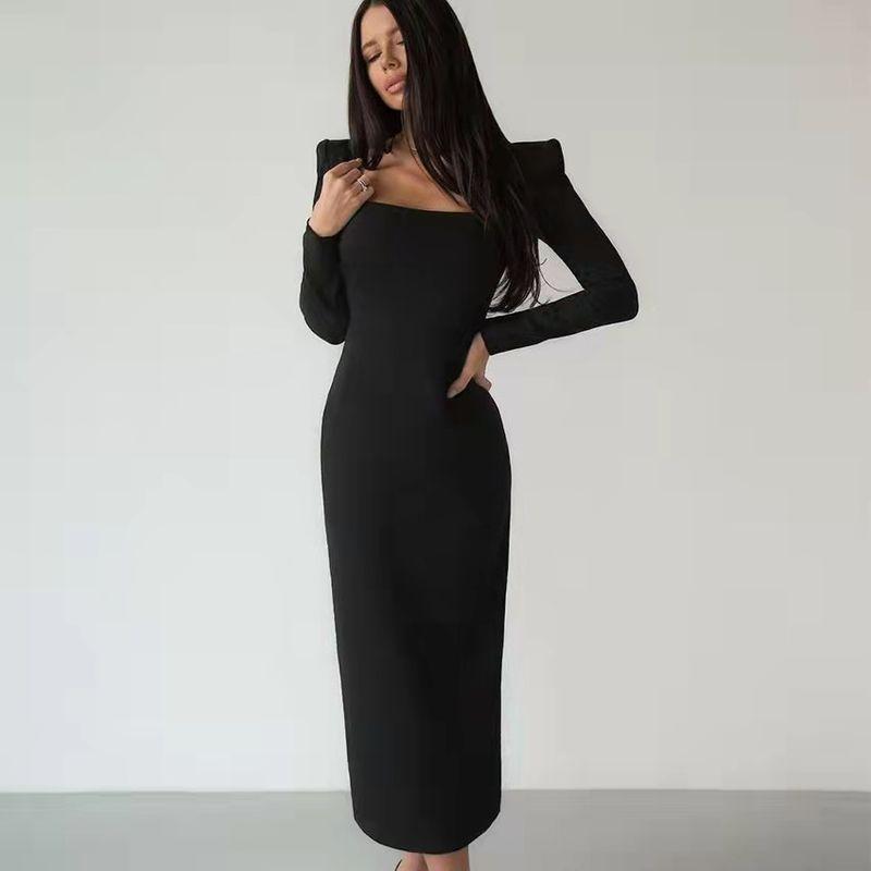 

European and American Square Neck Temperament Slim Hip Dress Black S