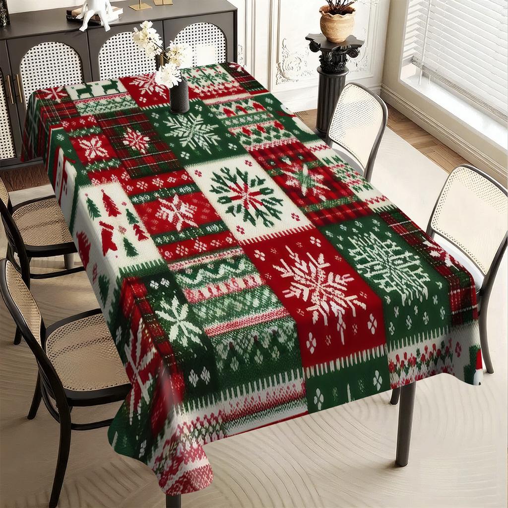 1pc Creative Cartoon Red And Green Color Block Snowflake Elk Print Foldable Easy To Store Polyester Christmas Tablecloth