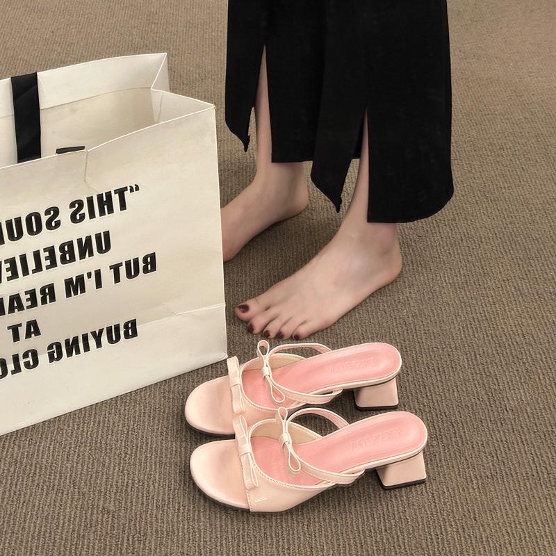 

High heels women s summer new bow round head one-word sandals thick heel versatile outer slippers 40 розовый