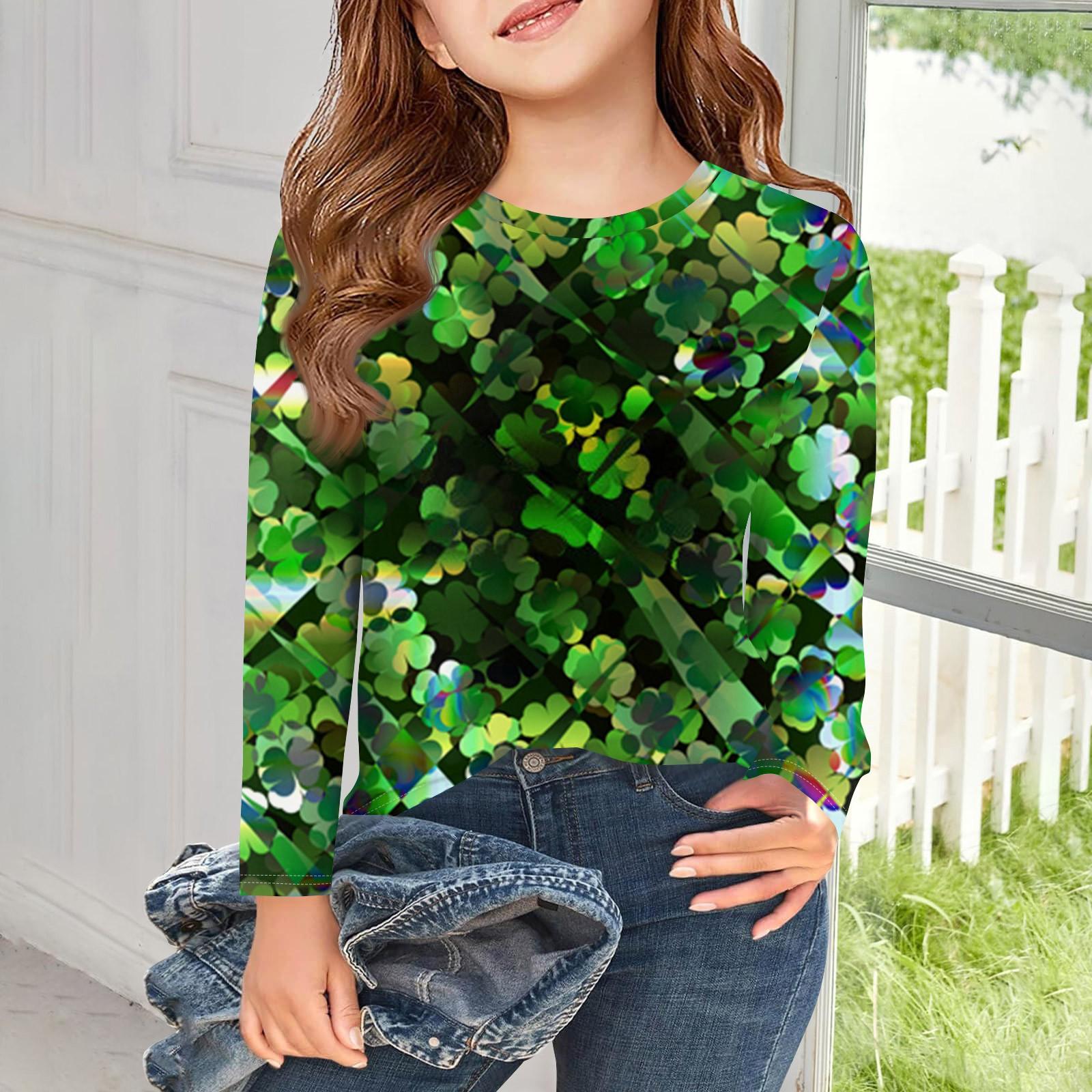 

Футболки с длинным рукавом для девочек, детские осенние топы с круглым вырезом и принтом, базовые футболки для детей 5–14 лет 110 темно-зеленого