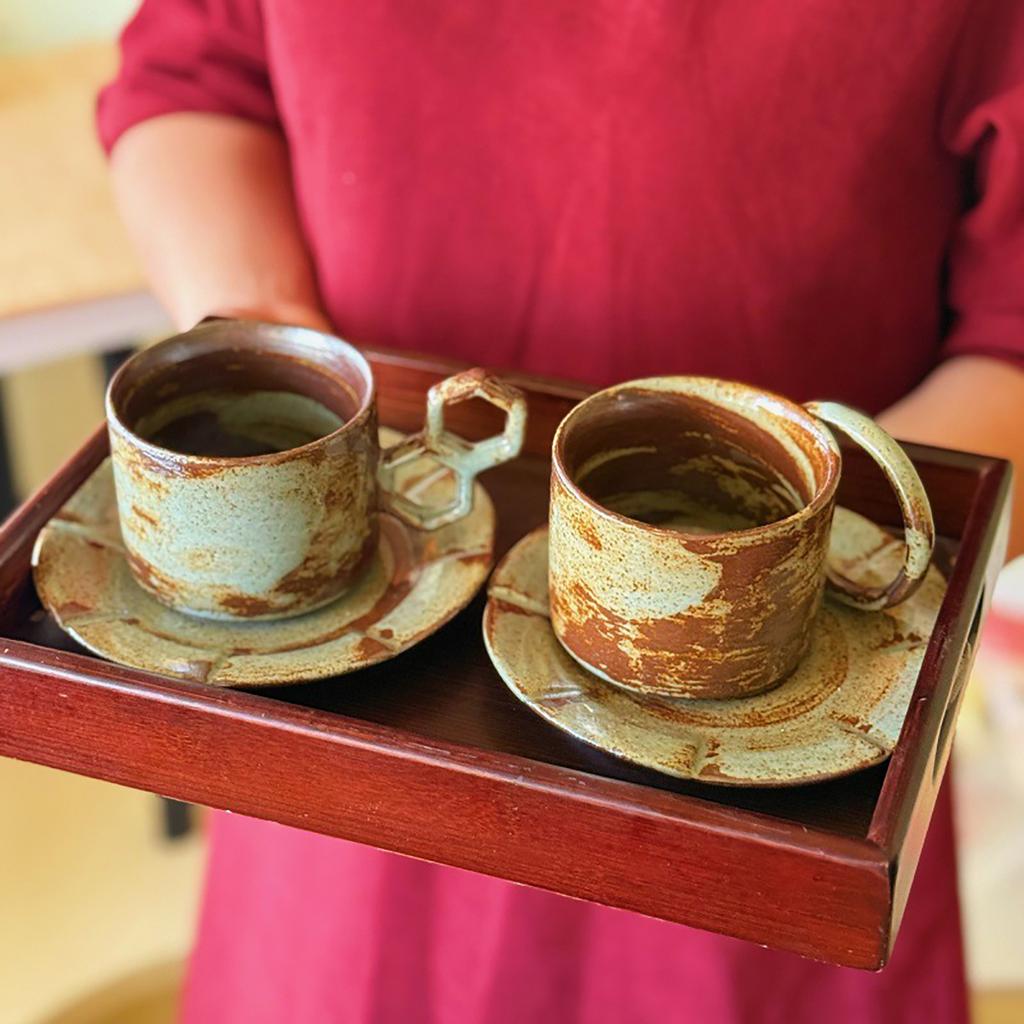 Handcrafted Ceramic Coffee Cup and Saucer Set 7.4 Oz Mug with Unique Handle Rustic Glazed Finish Modern Design for Espresso Tea