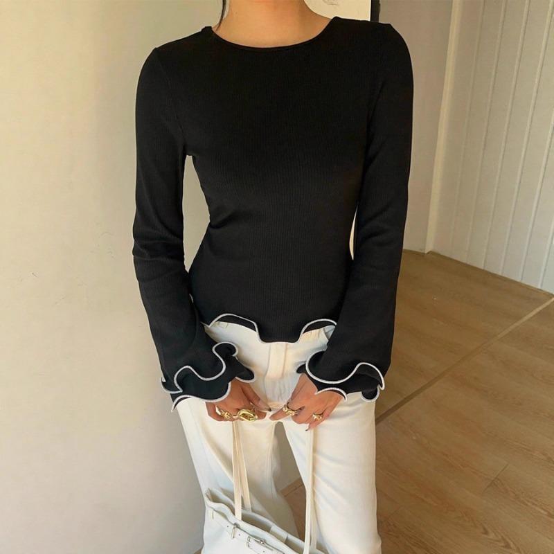 Women's New Long Sleeve Slim T-Shirt Women's Pullover Bottoming Shirt Contrast Color Fungus Trimmed Sweater