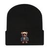 European and American New Autumn and Winter Hats, Women's Bear Printed Knitted Hats, Sleeves, Outdoor Warm Wool Hats, Men