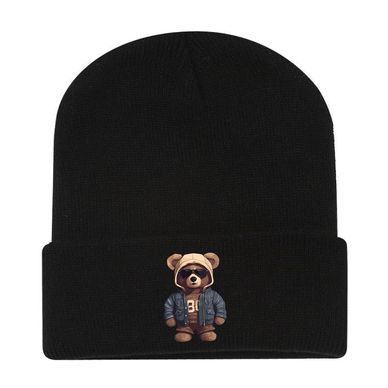 European and American New Autumn and Winter Hats, Women's Bear Printed Knitted Hats, Sleeves, Outdoor Warm Wool Hats, Men