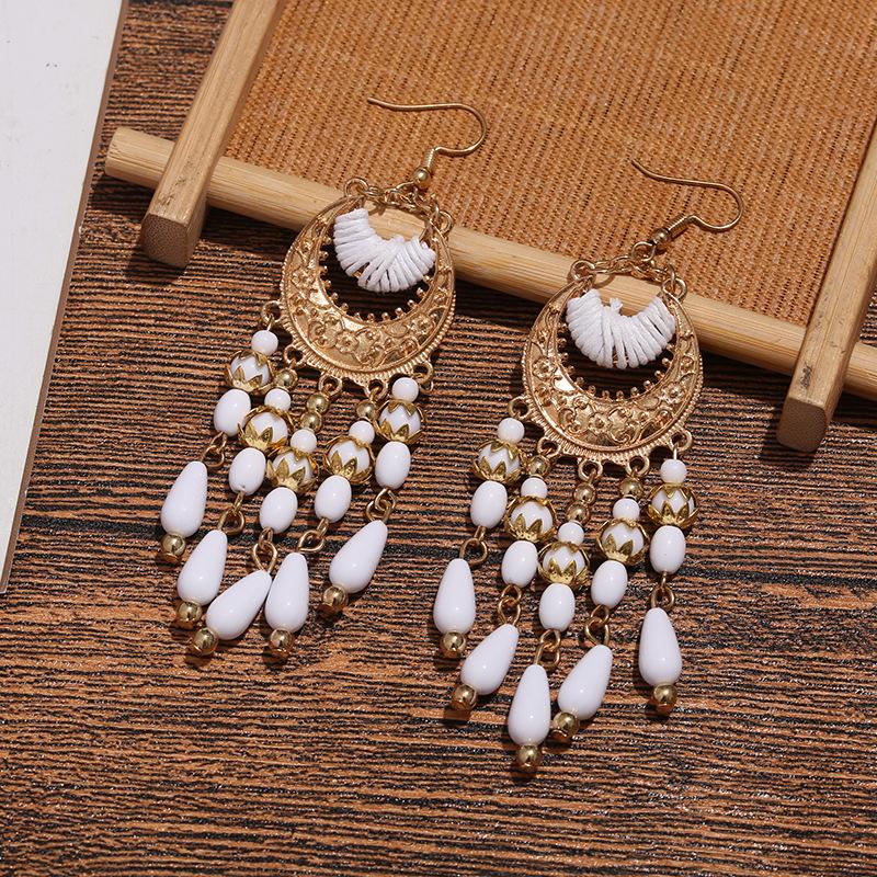 Bohemian Crescent Moon Miyuki Seed Bead Tassel Earrings - Long Ethnic Style Ear Hooks