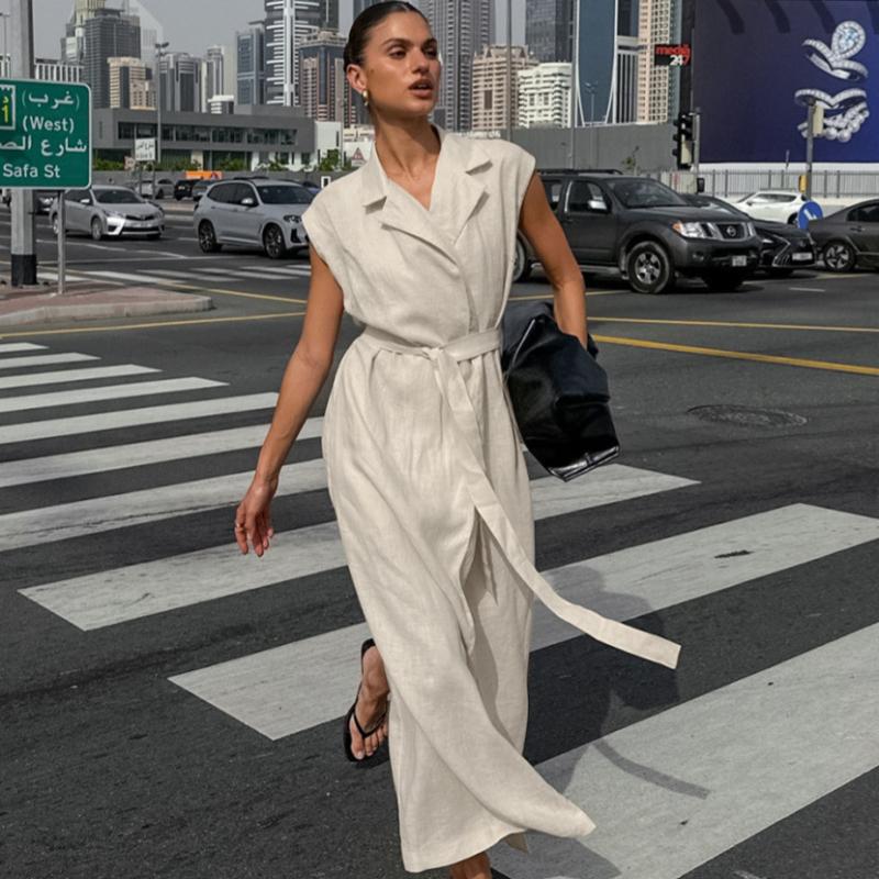 LYRIA French Style Suit Collar Belt Office Dress Fashion New Long Dress