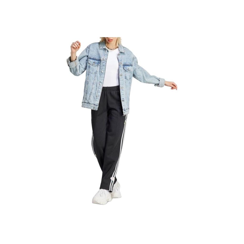 adidas Originals Logo Stripe Embroidered Elastic Waist Straight Leg Vintage Sports Knit Pants Women Pants Black IJ7086