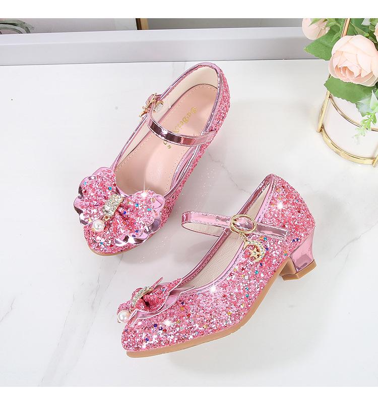 Sapatos de Salto Alto de Couro para Meninas com Laço de Strass - Modelo Princesa de Cristal Primavera 2025