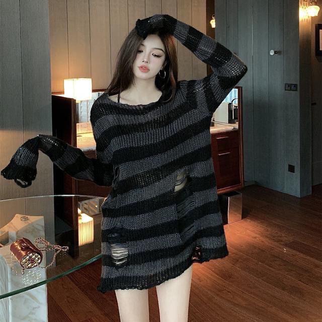 Unisex Punk Striped Gradient Ripped Knit Sweater