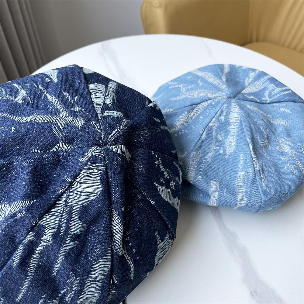Versatile spring and autumn retro washed denim beret women's fashion trend street painter hat shows small face