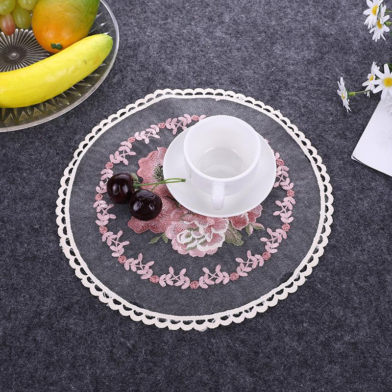 European Round 3D Embroidered Transparent Coaster Placemat Coffee Cup Wine Glass Non-slip Pad Party Barware Flatware Decoration