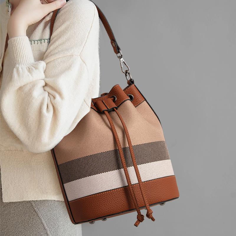Aidrani Women's checkered shoulder crossbody bag with caramel colored drawstring closure made of canvas and cowhide