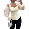 Women's Elegant Off-the-Shoulder Floral Jacquard Shirt - Square Neck, Long Sleeve, Slim Fit