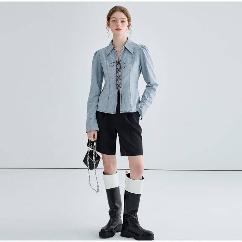 Elegant Women's Denim Lace Up Shirt Light Blue Turn Down Collar Puff Sleeves Waist Tight 2025 Spring Preppy Style Female Tops