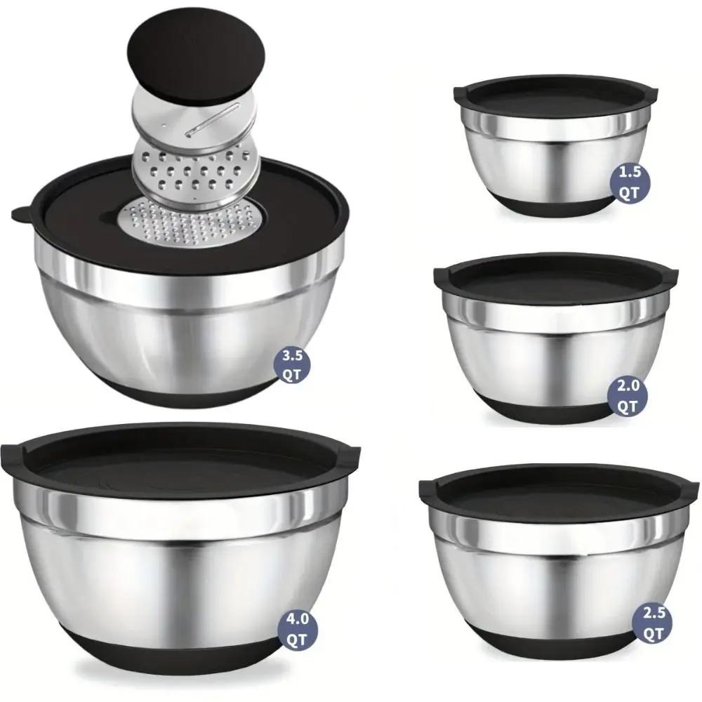 8PCS Set Stainless Steel Mixing Bowls Non-Slip Bottoms with Grater Baking Mixing Basin Kitchen Bowls Baking & Serving