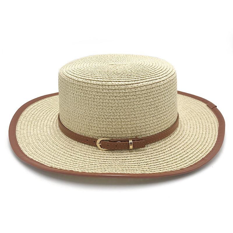 Women's Stylish British Inspired Flat Top Straw Sun Hat with Decorative Brown Belt Wide Brim UV Protection for Summer Beach