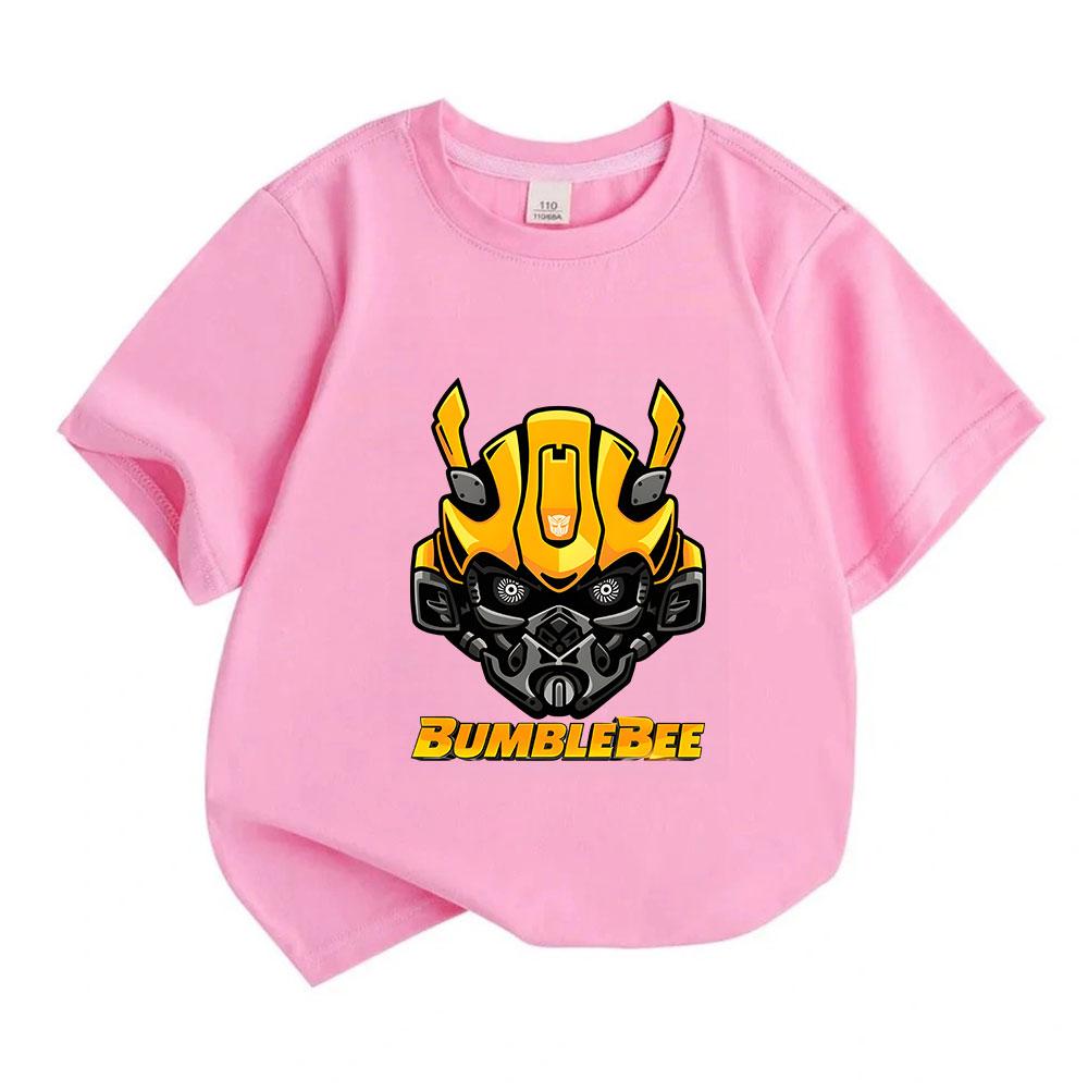 Kids Boys Girls Casual Crew Neck Short Sleeve T-Shirt, Cool Bumblebee Mecha Graphic 100% Cotton Soft Breathable Tee, Summer Daily Wear Tops for 3-12 Y