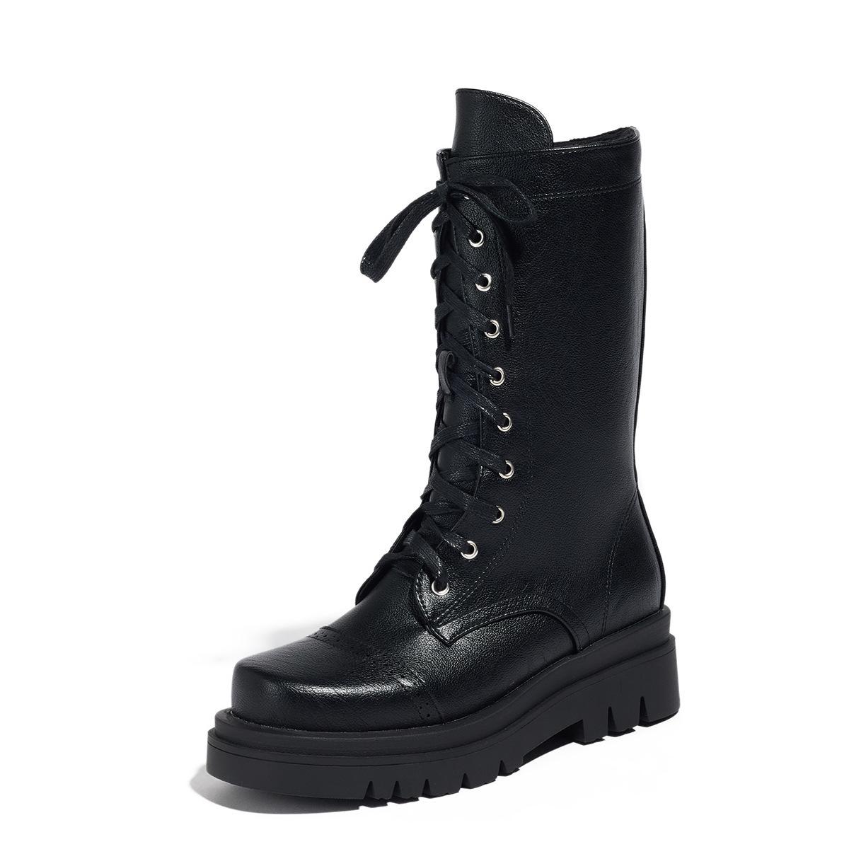 

Autumn and winter outer order comfortable flat bottom medium heel large size front strap low tube boots 39 чёрный