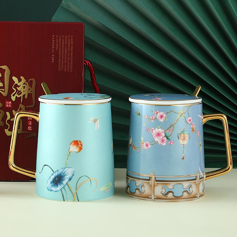 Chinese Style Ceramic Mug With Flower Pattern Vintage Floral Tea Cups With Handles Best Gifts For New Year's Gifts Mother's Day