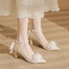 Golden Wedding Shoes Bridal Shoes Main Wedding Dress Princess Engagement Crystal Shoes Bow Heel Shoes Women's Thick Heel