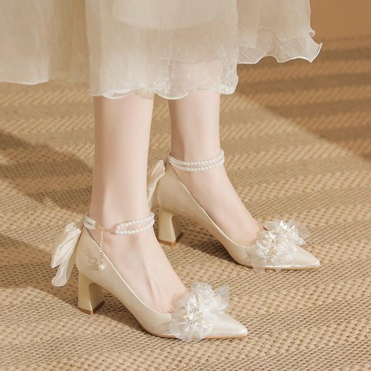 Golden Wedding Shoes Bridal Shoes Main Wedding Dress Princess Engagement Crystal Shoes Bow Heel Shoes Women's Thick Heel