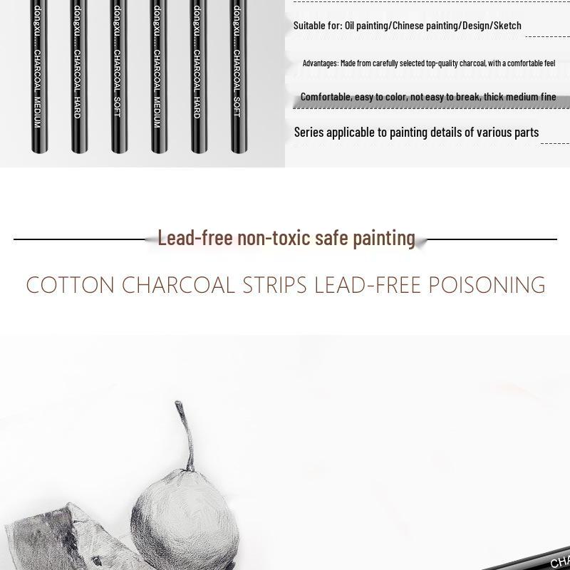 Water-Soluble Charcoal Sketching Set: 6-Piece Charcoal Pencils and Sticks In Soft, Medium, and Hard Varieties.