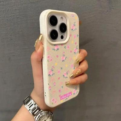 Litchi Texture Floral Case for Apple iPhone 15, 16, 17 Pro Max, Soft Shell