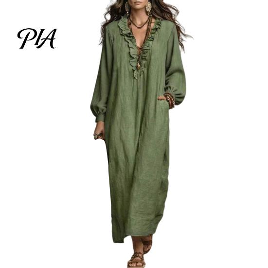Casual Jurken voor Dames met Ruches V-hals Lange Jurk, Losse Pasvorm Midi Effen Kleur Mouwen Jurk voor Lente Herfst