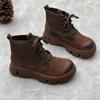 Johnature Vintage handgemachte echtes Leder dicke Sohle kurze Stiefel runde Spitze Schnür-Plattform-Schuhe