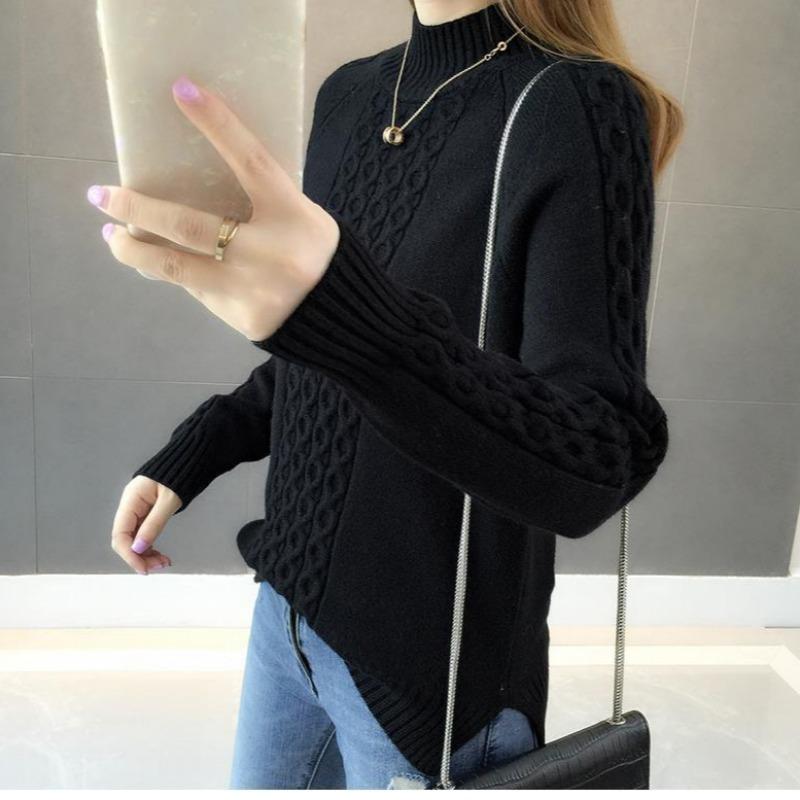 Pletený svetr pro ženy s polovičním vysokým límcem, volný svetr, svetr se středním límcem, pulovr, podzimní a zimní móda, podzimní a zimní top