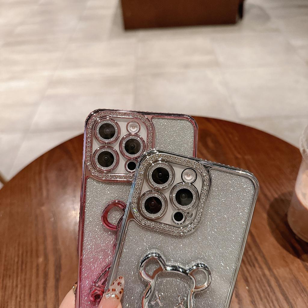 Applicable To IPhone 16 Mobile Phone Case Rhinestone Flash Powder Quicksand Violent Bear Apple 15 ProMax Advanced Sense Anti-fall Cover