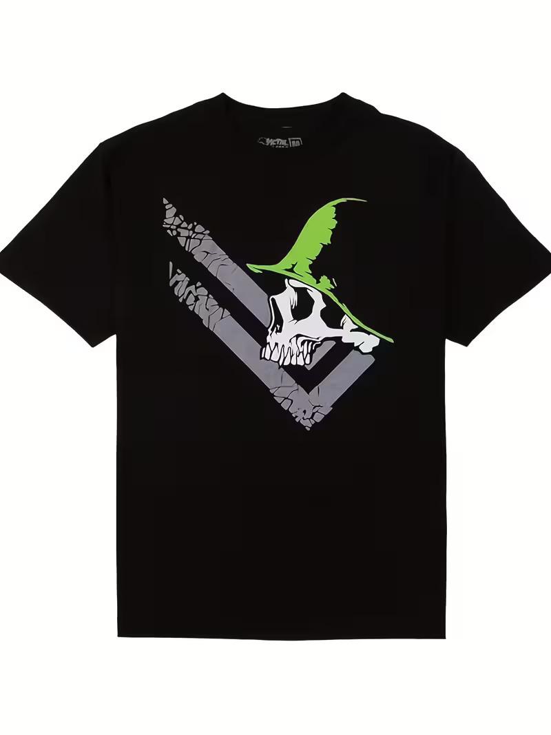Skeleton Knight Riding T-Rex Dinosaur Lightning Graphic T-Shirt Edgy Streetwear L