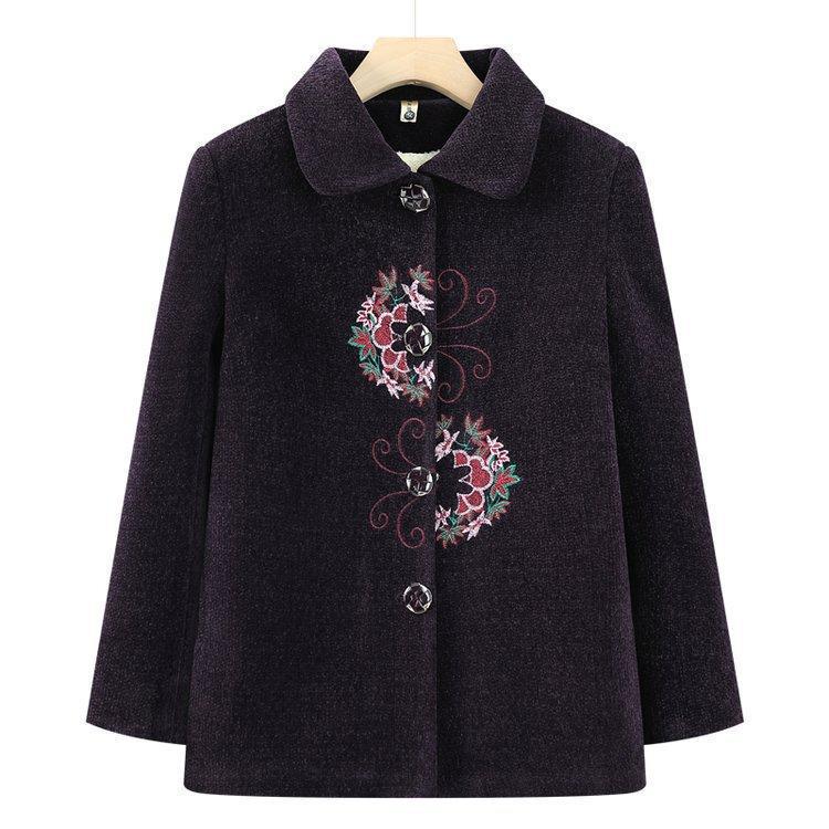 Embroidered Lapel Woolen Coat for Elderly Women - Autumn/Winter, Thickened with Velvet