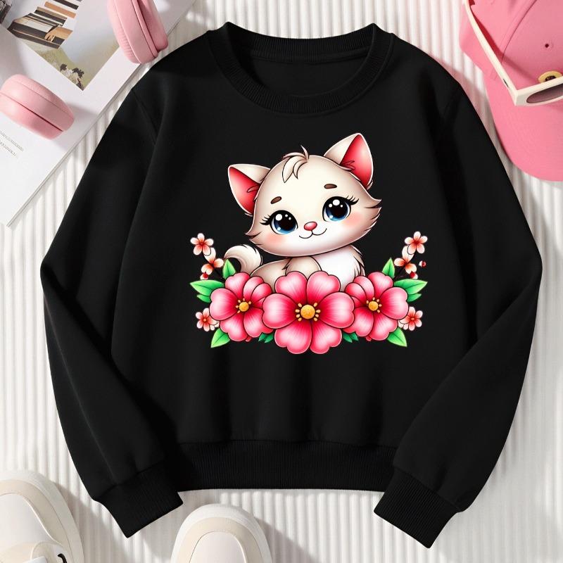 Kids Crewneck Sweatshirt, Cute Kitten with Pink Flowers Print, Soft Casual Pullover for Fall Winter