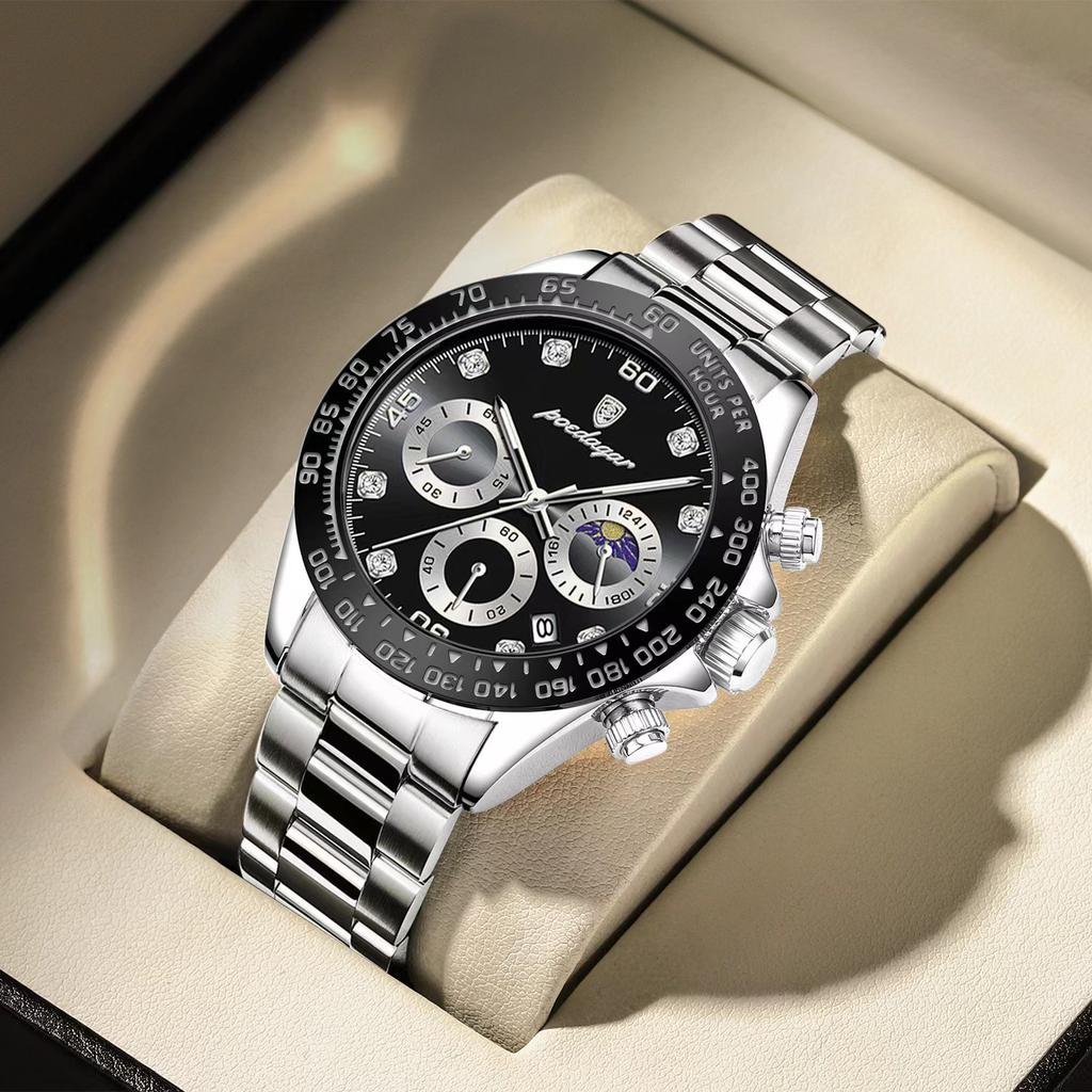 POEDAGAR 629 Sport Chronograph Men Watch Waterproof Luminous Quartz Watches Stainless Steel Watch for Men