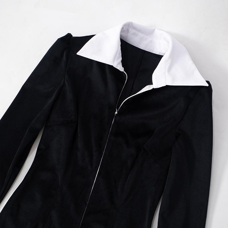 Women's Temperament Commuter Lapel Flared Long Sleeve Black and White Color Clash Long Dress