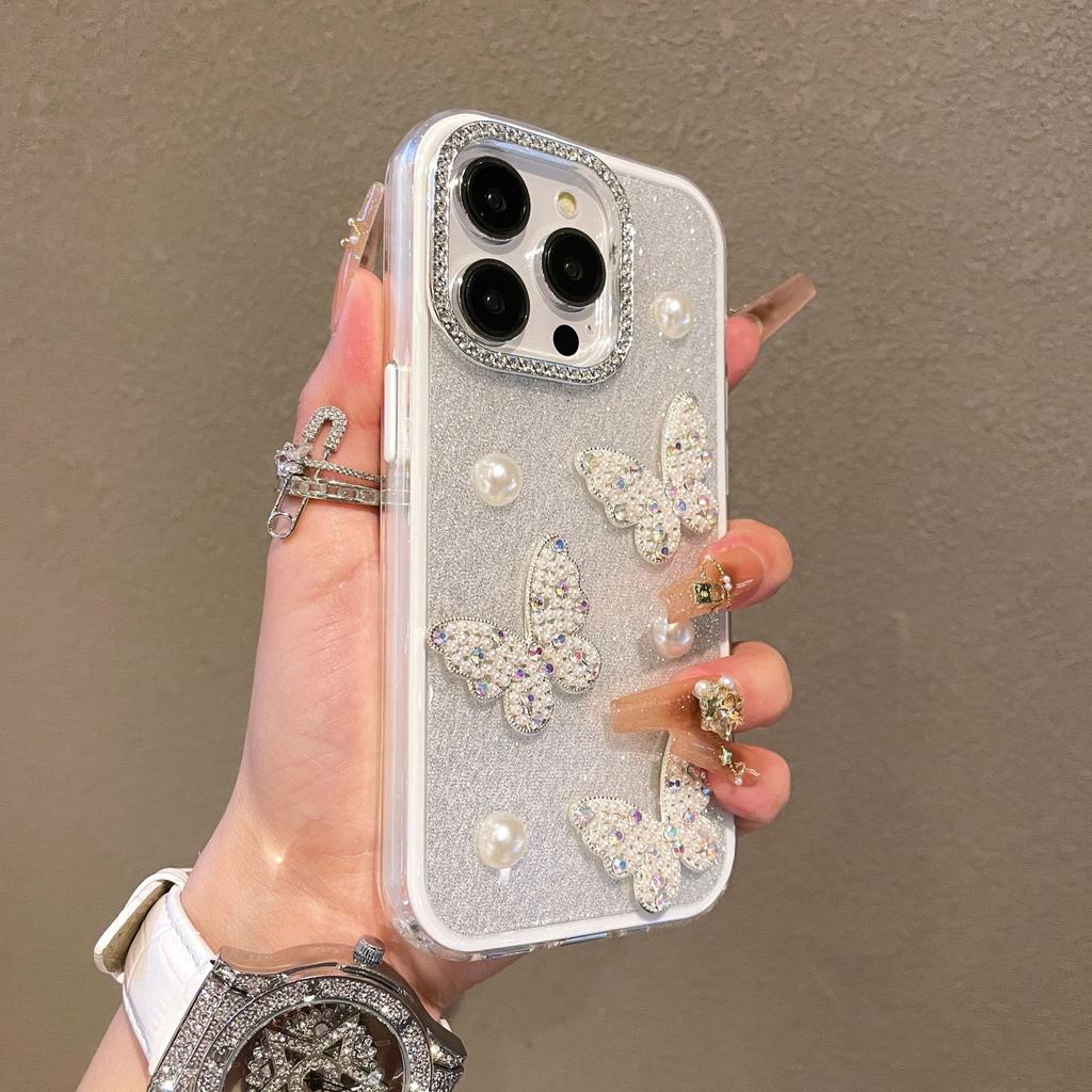 Ins Japan and Korea Flash Diamond Pearl Butterfly for iPhone16promax Mobile Phone Case Apple 15pro New 12 Flash
