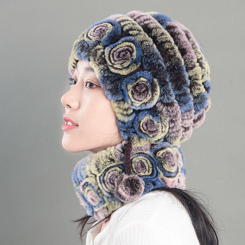 

Меховая шапка из кролика рекс, женская модная шапка с цветочным принтом, защита ушей, женская меховая шапка для мамы, утолщенный теплый шарф One size