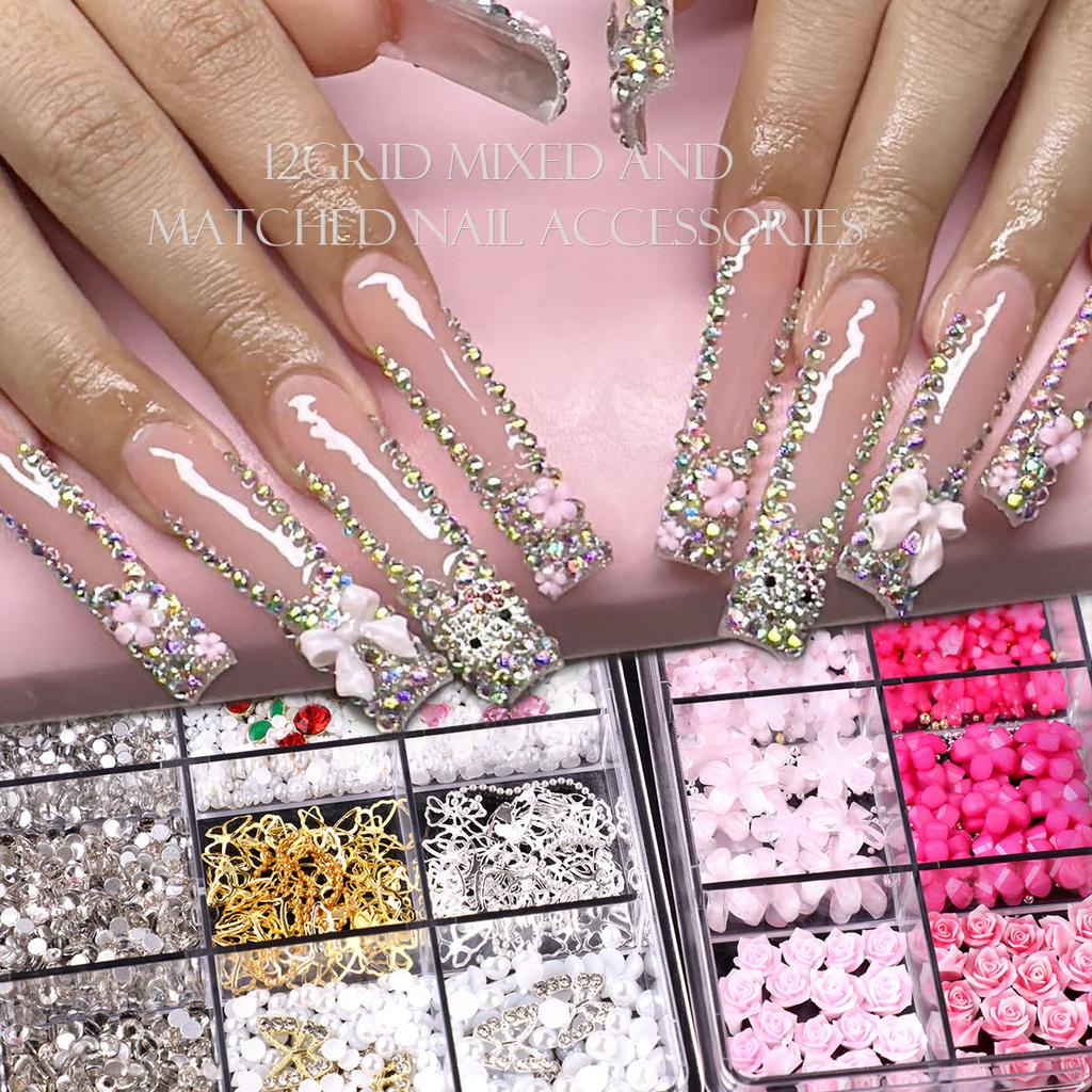 12 Grid Rose Nail Art Alloy Jewelry Resin Bow Camellia Three-Dimensional Flower Mixed Box