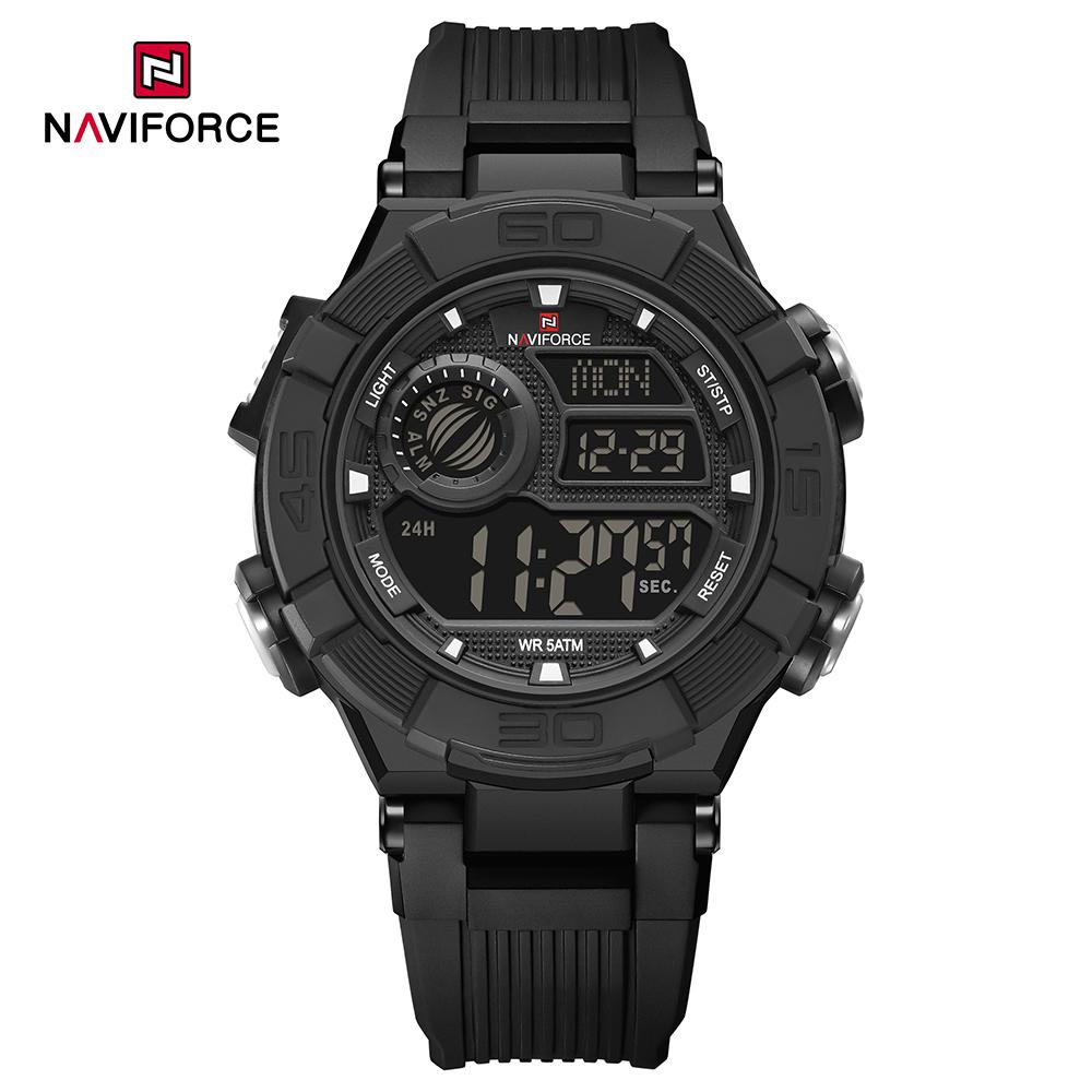 Naviforce Men LCD Watch Ditital Movement Lightweight Silicone Strap 50m Waterproof Calendar Date Alarm Night Pattern Boy Gift Watch NF7131