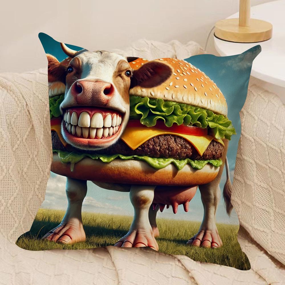 Fun Animal Burgers MEME Cushion Cover Silky Short Plush Invisible Zipper Dustproof Sofa Pillow Case For Home Decor