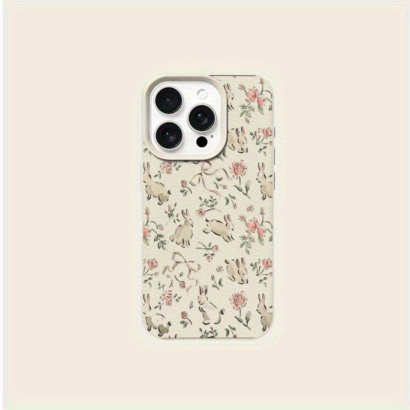 Cute Bunny Pink Floral Lichee Leather Pattern Phone Case For Vivo X200 Y31 Y400 Y39 Y29 Y19 Y04 Y19S Y28 Y03 Y27 Y17S Y78 4G 5G