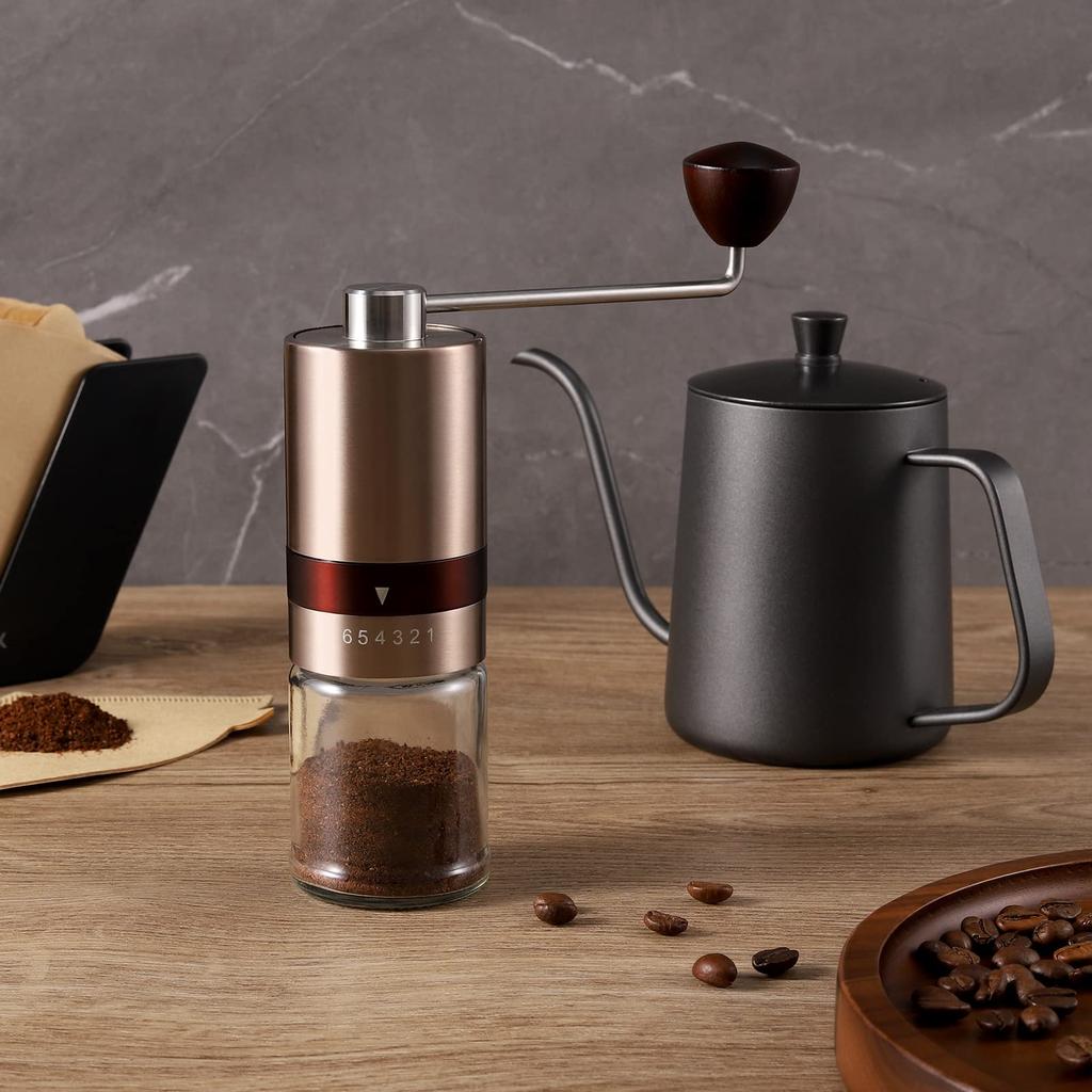 VKCHEF Portable Coffee Grinder with Stainless Steel Mortar and Metal Blades, Grinds Coffee Beans, 6-Degree Adjustment, Compact, Rapid Grind,