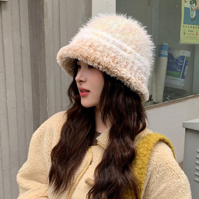 New high-quality plush color matching bucket hat women's Korean version of warm ear protection wool hat fashion travel basin hat tide
